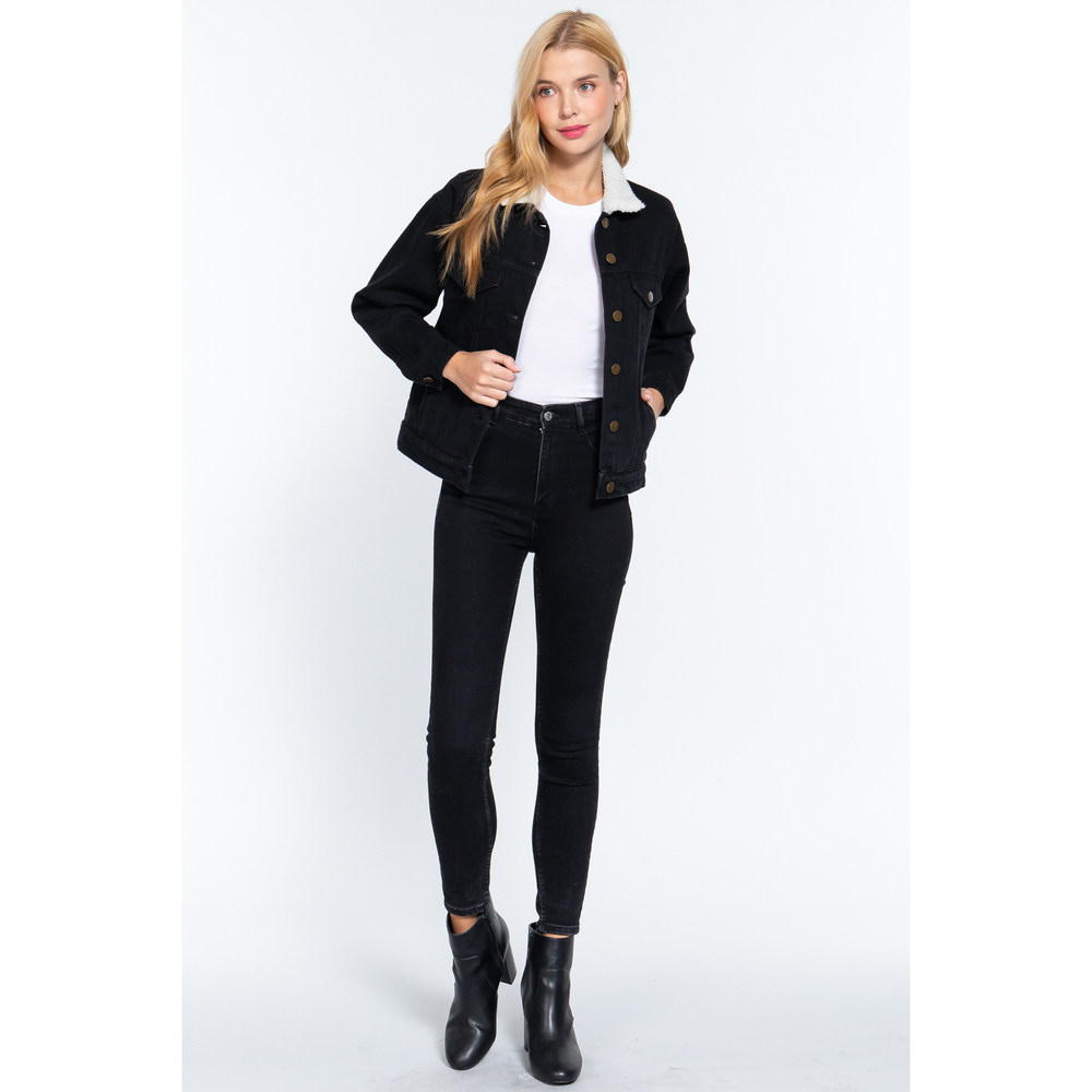 Inner Fur Black Oversized Denim Jacket - Picture 2 of 8